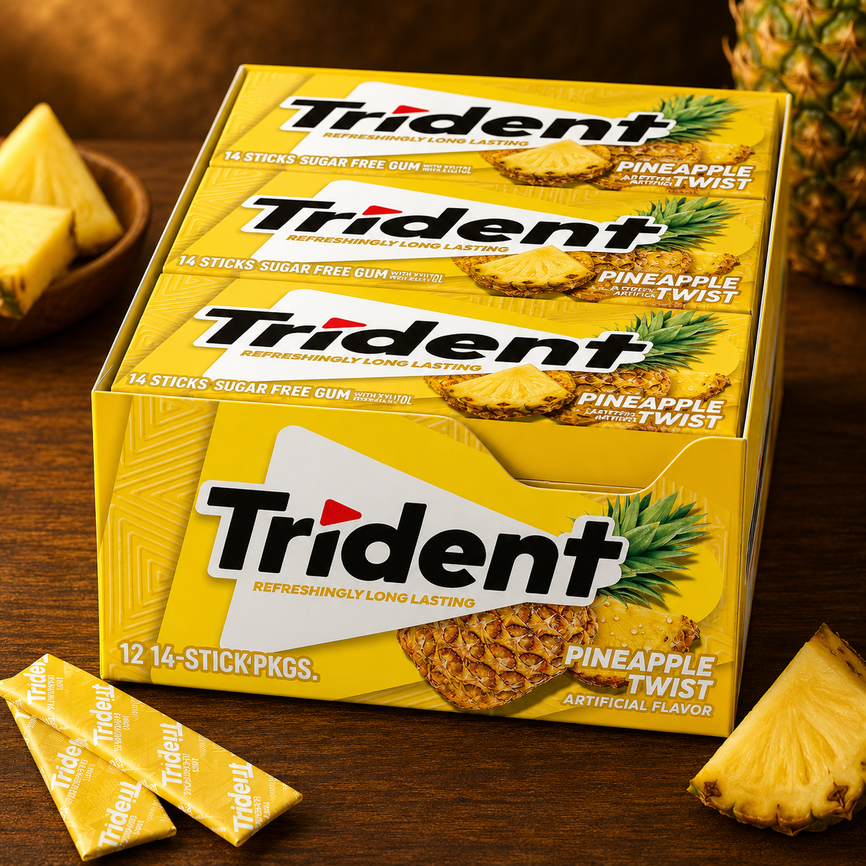 Trident Imported Sugar Free Gum, Pineapple Flavour, 14 Count (Pack of 12)
