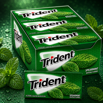 Trident Sugar Free Chewing Gum The Delicious Spearmint Flavoured 14 Sticks - 12 Pack (Imported)