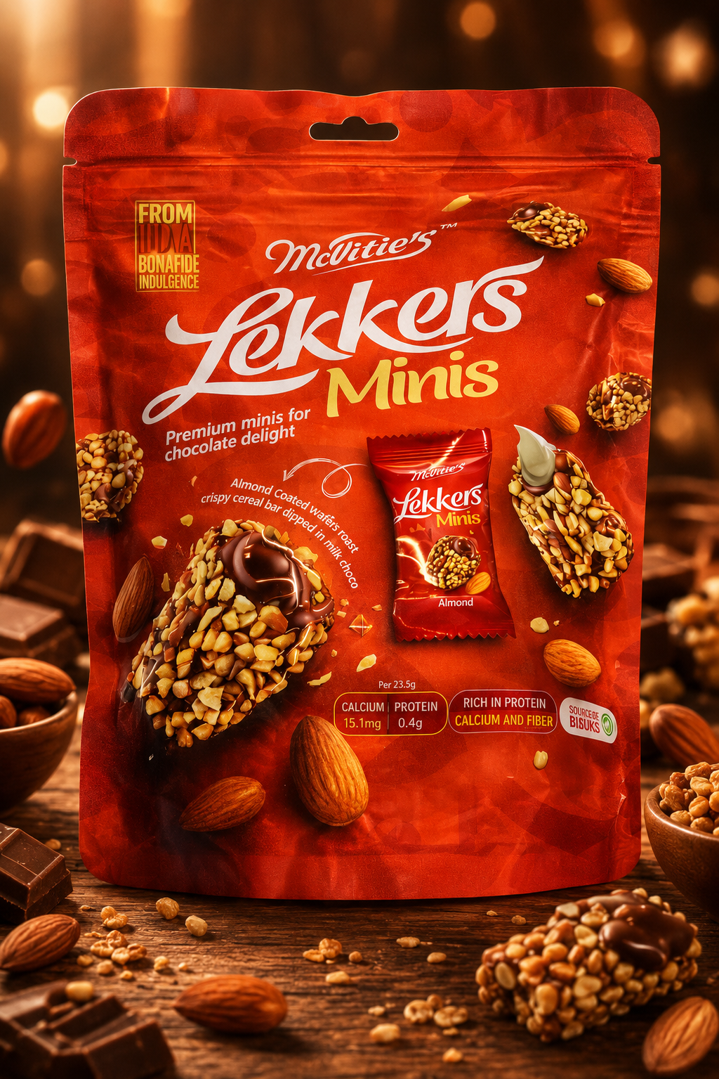 MellsBurry Lekkers Minis Almond Coated Chocolate Wafer Bites, Crunchy Nut Snack with Rich Chocolate Filling & Crispy Layers, 150g