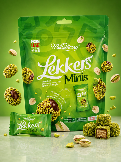 MellsBurry Lekkers Minis Pistachio Coated Wafer with Chocolate Shell, by febora foods, High Protein, 150g