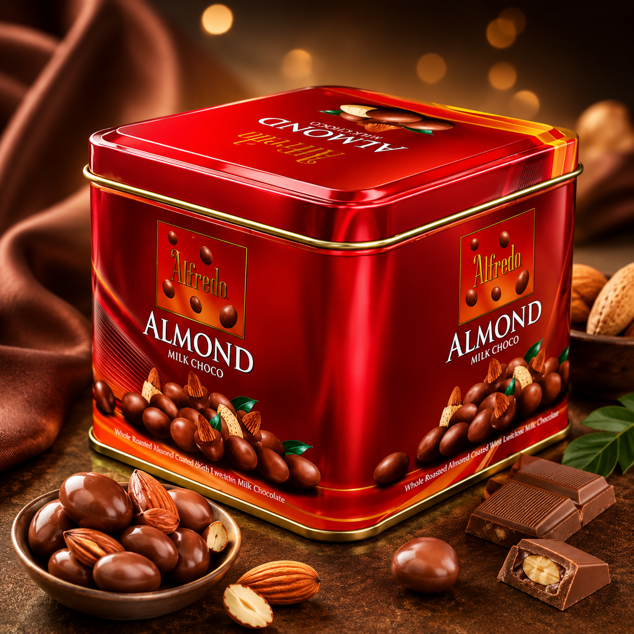 Alfredo Almond Milk Chocolate Covered With Almonds in Red Tin Nutties 105g (From Malaysia)