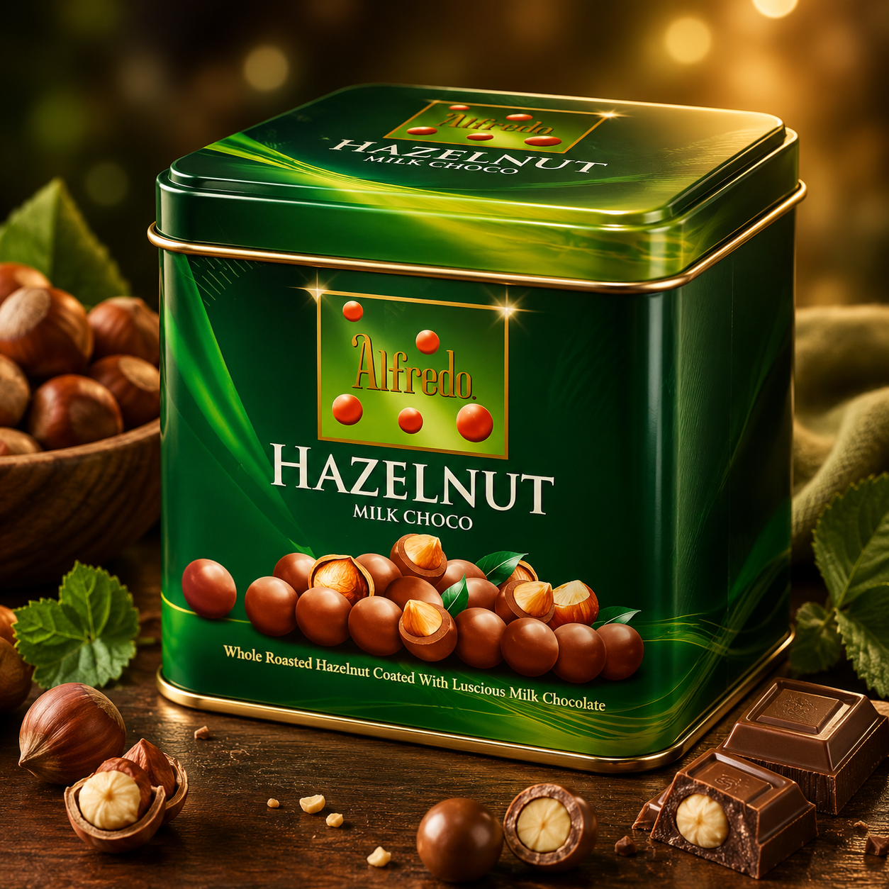 Alfredo Milk Chocolate Coated Whole Roasted Hazelnuts in Decorative Green Tin Container Gift Box 105g (From Malaysia)