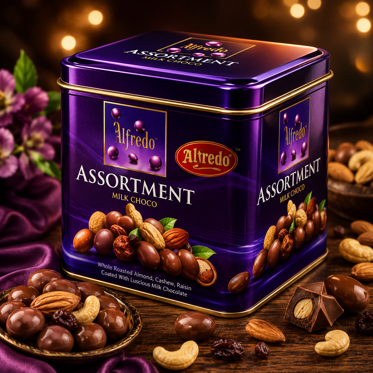 Alfredo Assortment Milk Chocolates Mix Nuts Nuttiess Gift Tin Box 105g (From Malaysia)