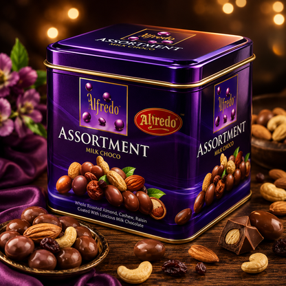 Alfredo Assortment Milk Chocolates Mix Nuts Nuttiess Gift Tin Box 105g (From Malaysia)