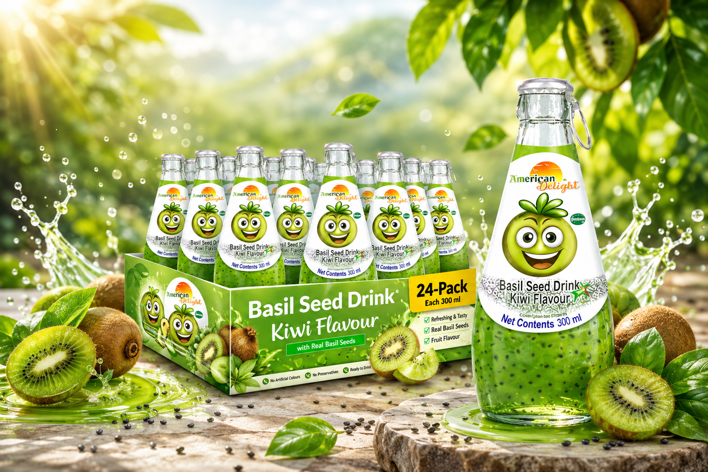 American Delight Flavored Drink with Basil Seed |Kiwi Flavored Fruit drink with Basil Seeds aka Sabja Seeds | Pack of 24 x 300ml Each | Ready to Serve Drink