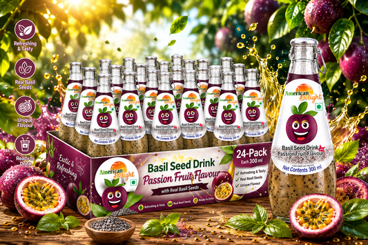 American Delight Flavor Drink with Basil Seed | Passion Fruit Flavor Fruit drink with Basil Seeds aka Sabja Seeds | Pack of 24 x 300ml Each | Ready to Serve