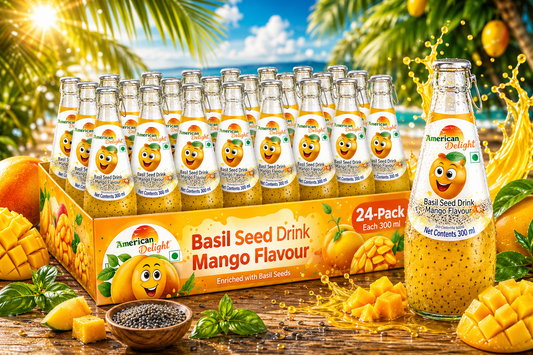 American Delight Flavor Drink with Basil Seed | Mango Flavor Fruit drink with Basil Seeds aka Sabja Seeds | Pack of 24 x 300ml Each | Ready to Serve Drink