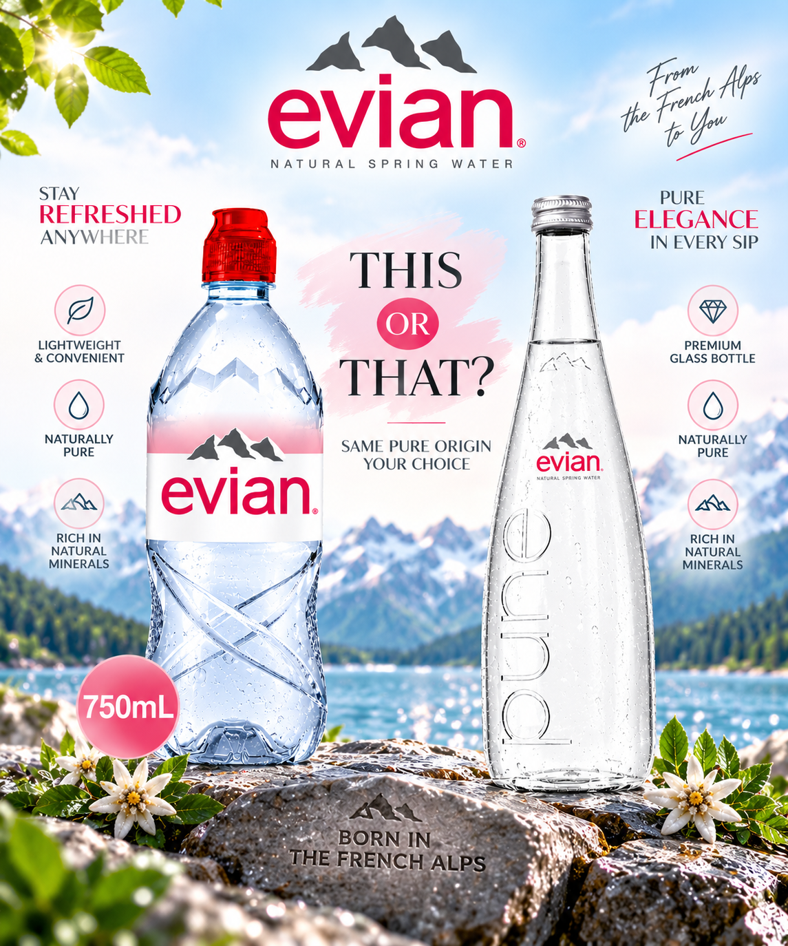 Evian Mineral water, Naturally Filtered Drinking water, 750ml Bottled Water Crafted by Nature, Case of 12 x 750ml Sports Cap Water Bottles (France)
