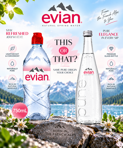 Evian Mineral water, Naturally Filtered Drinking water, 750ml Bottled Water Crafted by Nature, Case of 12 x 750ml Sports Cap Water Bottles (France)