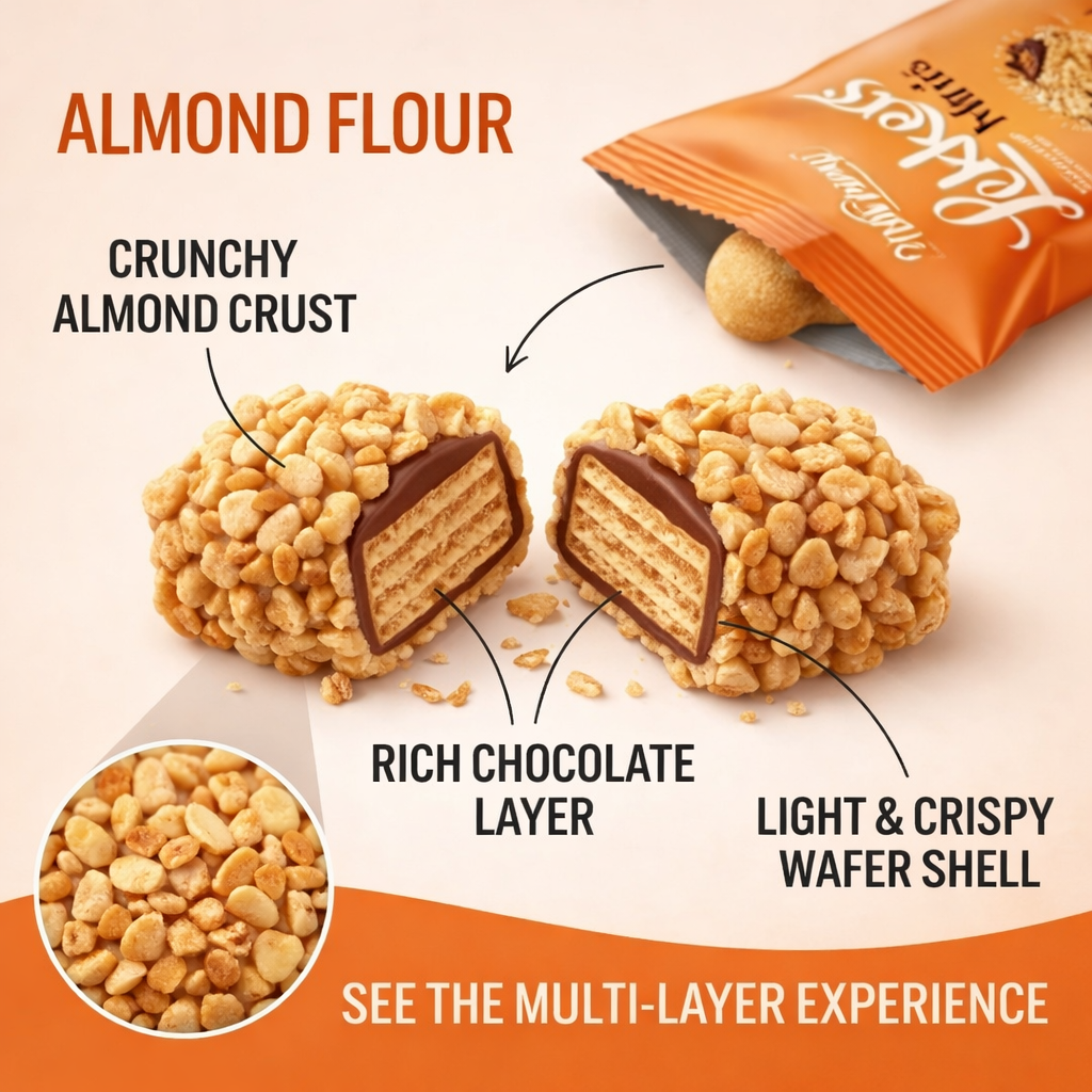 MellsBurry Lekkers Minis Almond Coated Chocolate Wafer Bites, Crunchy Nut Snack with Rich Chocolate Filling & Crispy Layers, 150g