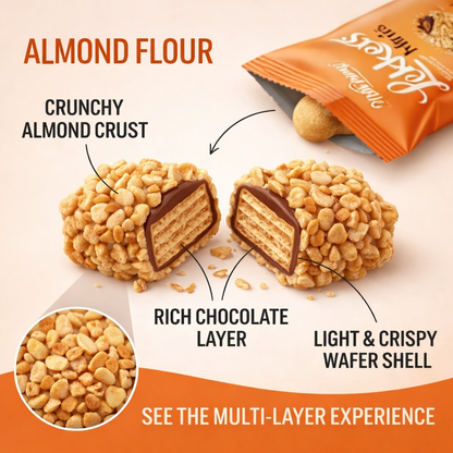 MellsBurry Lekkers Minis Almond Coated Chocolate Wafer Bites, Crunchy Nut Snack with Rich Chocolate Filling & Crispy Layers, 150g