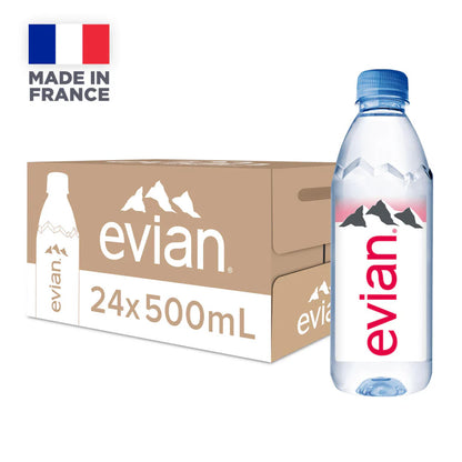 Evian Mineral Water, Naturally Filtered Drinking Water, 500ml Bottled Water Crafted by Nature, Case of 24 x 500ml Water Bottles