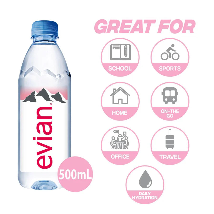 Evian Mineral Water, Naturally Filtered Drinking Water, 500ml Bottled Water Crafted by Nature, Case of 24 x 500ml Water Bottles