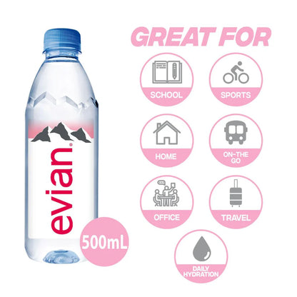 Evian Mineral Water, Naturally Filtered Drinking Water, 500ml Bottled Water Crafted by Nature, Case of 24 x 500ml Water Bottles