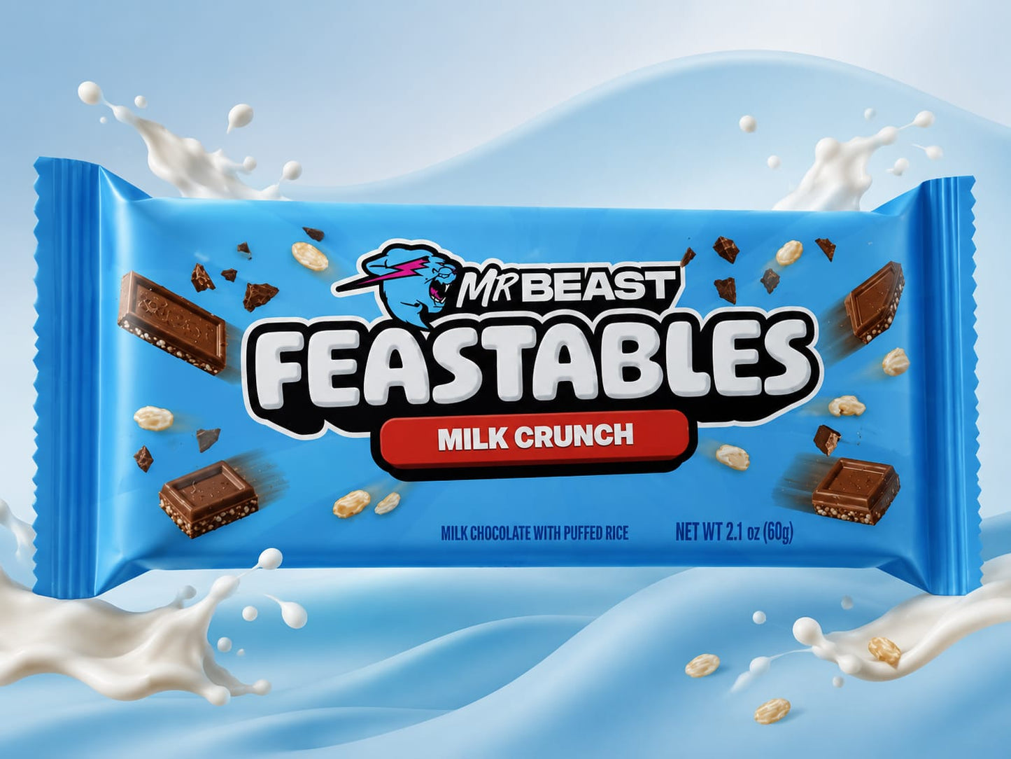 Mr.Beast Feastables Milk Crunch Chocolate With Rice Puffed Smoothness Delicious Texture Bar 60gm New Pack (IMPORTED)