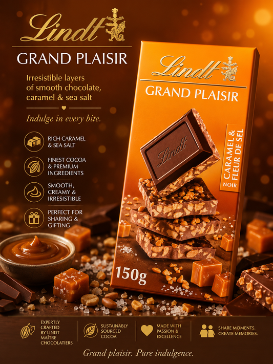 Lindt Grand Plaisir Dark Chocolate Bar with Caramel and Fleur de Sel, Premium Swiss Chocolate, 150g (From Asutria) (Pack of 02)