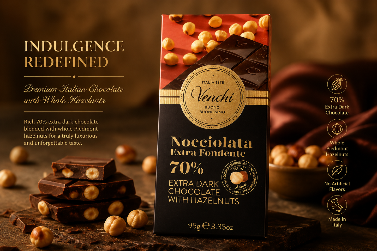Venchi Nocciolata Fondente 70% Dark Chocolate & Whole Hazelnuts Bar - 95g