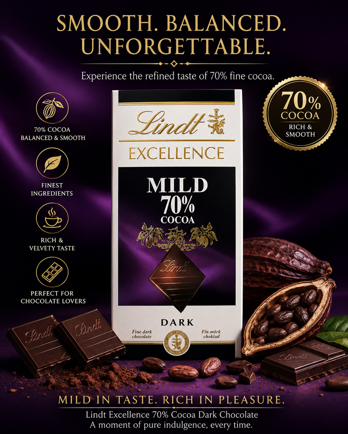 Lindt Excellence 70% Mild Dark Cocoa Chocolate Bar, 100g (Pack of 02)