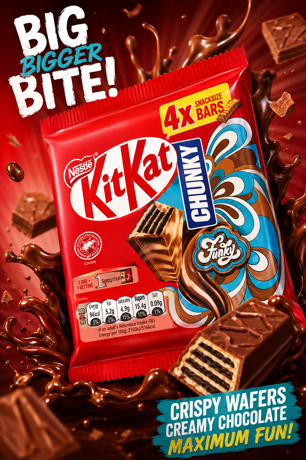 Nestlé KitKat Chunky Funky Chocolate Wafer Bars, 4 Pack, 128g (UK)