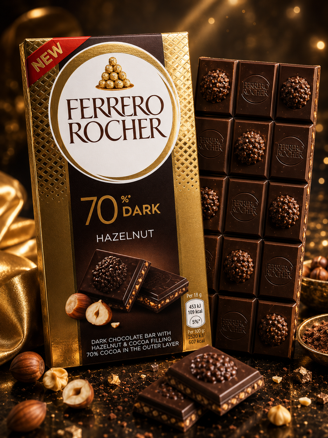 errero Rocher 70% Cacao Dark Hazulnut, Noir Avec Noisettes (90g) By COUGAR | Premium Dark Chocolate With Crunchy Hazelnut Pieces (Pack of 02) (UK)