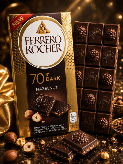 errero Rocher 70% Cacao Dark Hazulnut, Noir Avec Noisettes (90g) By COUGAR | Premium Dark Chocolate With Crunchy Hazelnut Pieces (Pack of 02) (UK)