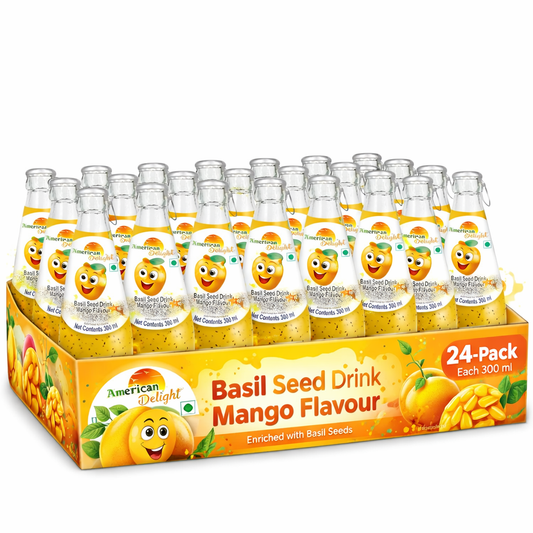 American Delight Flavor Drink with Basil Seed | Mango Flavor Fruit drink with Basil Seeds aka Sabja Seeds | Pack of 24 x 300ml Each | Ready to Serve Drink
