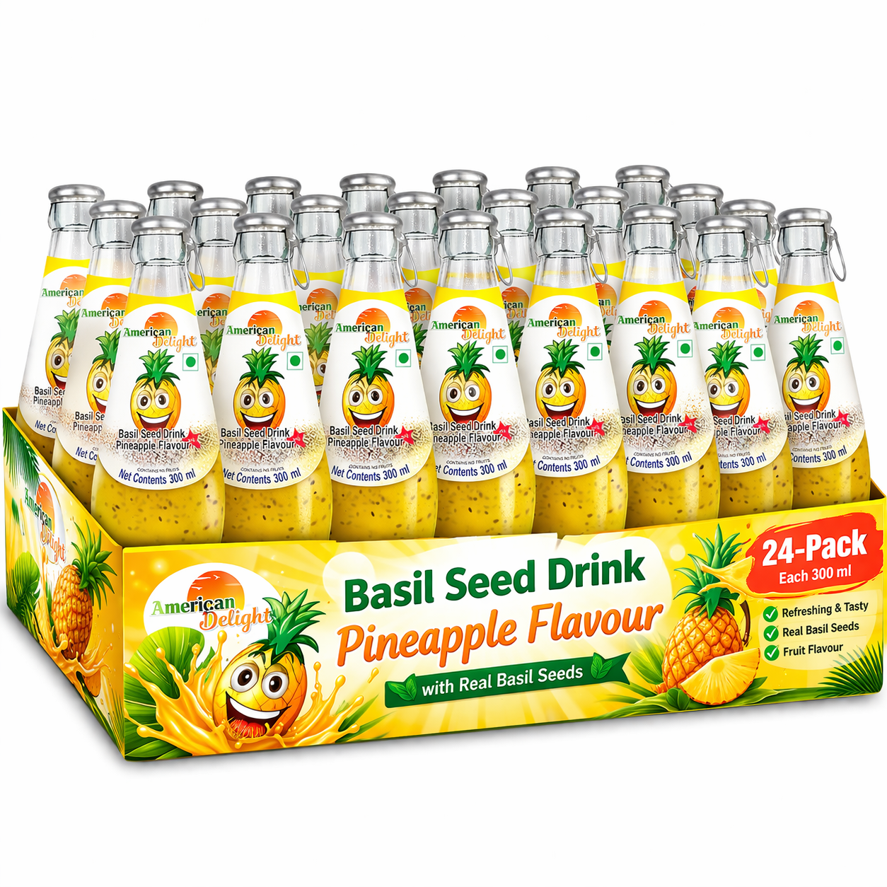 American Delight Pineapple Flavored Drink with Basil Seed (Pack of 24 x 300ml) Flavored Drink Pineapple Flavored Drink Ready to Serve