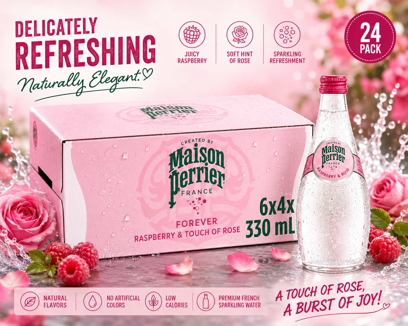 Maison Perrier Forever Rasberry & Rose Sparkling Water, 330ml (Pack Of 24) (France)
