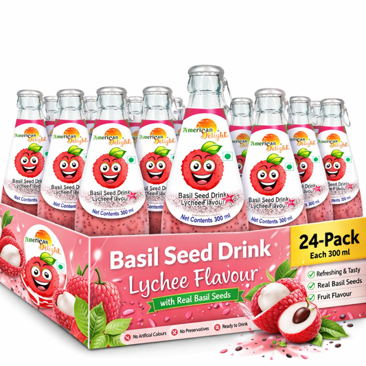 American Delight Lychee Flavored Drink with Basil Seed (Pack of 24 x 300ml) Lychee Flavored Drink Ready to Serve