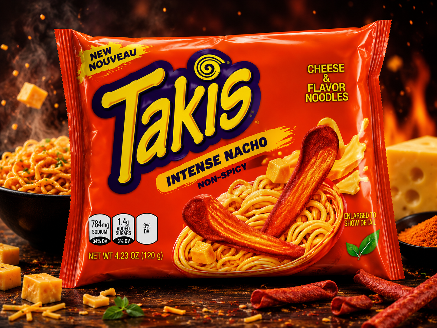 Takis's Intense Nacho Cheddar & Cheese Flavored Noodles, Non-Spicy, 140g