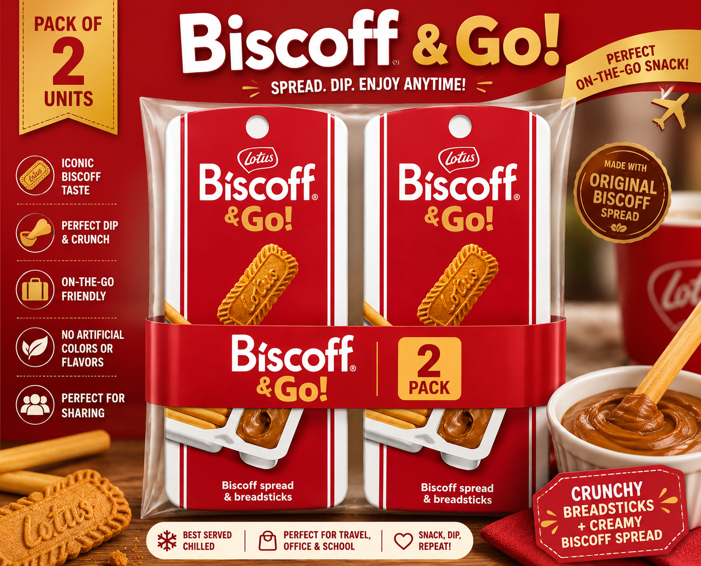 Lotus Biscoff & Go, Biscuit Spread with Breadsticks Snack, 45g (From Belgium)(Pack of 02)