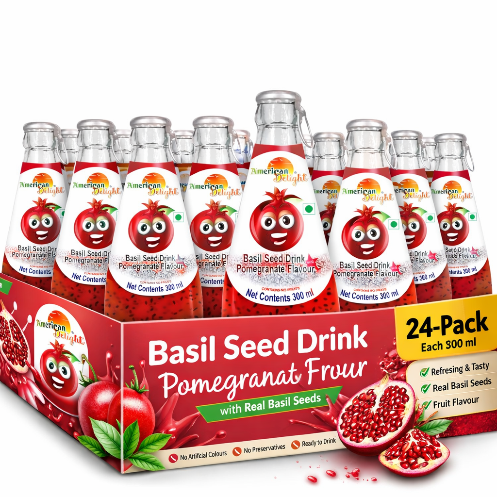 American Delight FlavoWhite Drink with Basil Seed |Pomegranate FlavoWhite Fruit drink with Basil Seeds aka Sabja Seeds | Pack of 24  x 300ml Each
