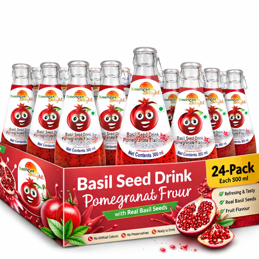American Delight FlavoWhite Drink with Basil Seed |Pomegranate FlavoWhite Fruit drink with Basil Seeds aka Sabja Seeds | Pack of 24  x 300ml Each