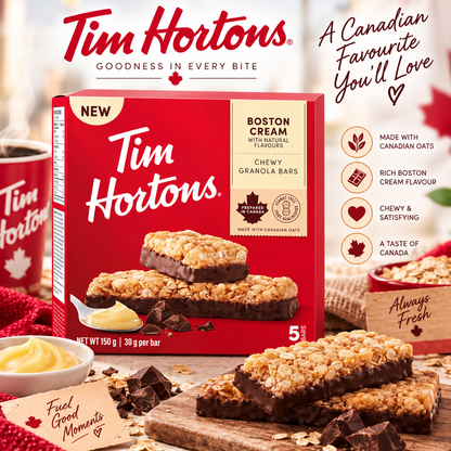 Tim Hortons Boston Cream Chewy Granola Bars – 5 Bars, 30g Each | (Canada)