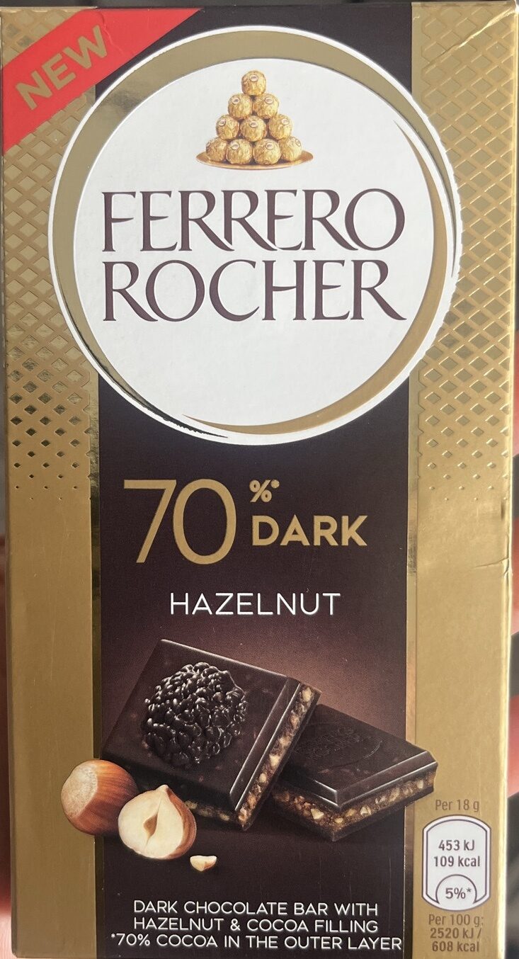 errero Rocher 70% Cacao Dark Hazulnut, Noir Avec Noisettes (90g) By COUGAR | Premium Dark Chocolate With Crunchy Hazelnut Pieces | Rich Cocoa Flavor Gourmet Chocolate Snack - (Imported-UK)
