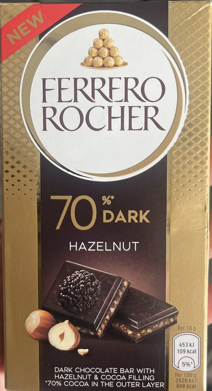 errero Rocher 70% Cacao Dark Hazulnut, Noir Avec Noisettes (90g) By COUGAR | Premium Dark Chocolate With Crunchy Hazelnut Pieces (Pack of 02) (UK)