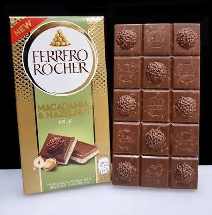 FERRERO ROCHER MACADAMIA & HAZELNUT MILK CHOCOLATE BAR 90G (Pack of 02) (Italy)